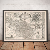 Old Monochrome Map of West Yorkshire, 1611 by John Speed - York, Bradford, Sheffield, Leeds, Huddersfield, Harrogate, Skipton