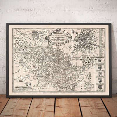 Alte monochrome Karte von West Yorkshire, 1611 von John Speed - York, Bradford, Sheffield, Leeds, Huddersfield, Harrogate, Skipton 