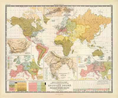 Antiguo mapa mundial de las religiones, 1854 - Creencias religiosas en el siglo XIX - Budistas, protestantes, católicos, musulmanes, judíos, paganos