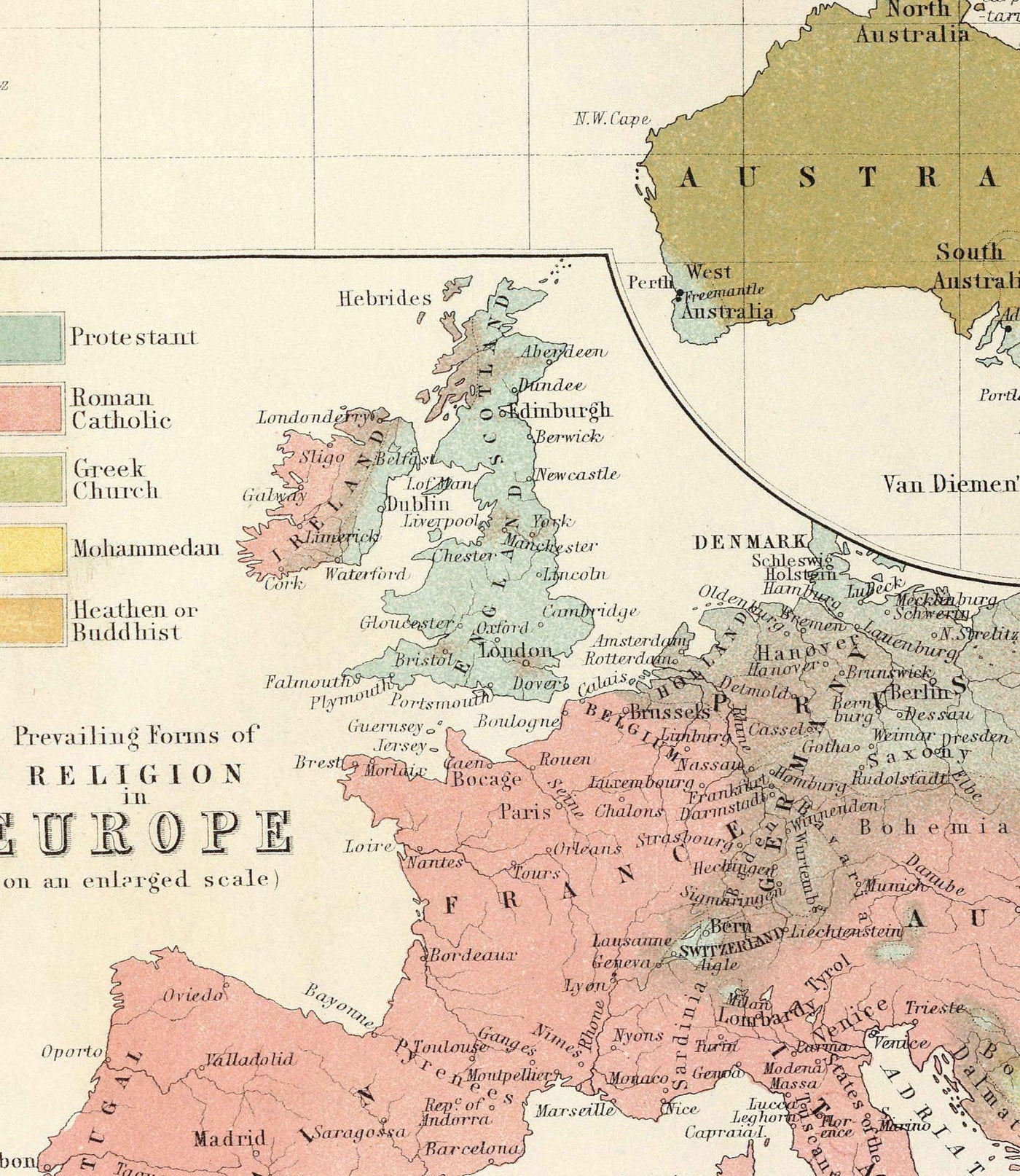 Antiguo mapa mundial de las religiones, 1854 - Creencias religiosas en el siglo XIX - Budistas, protestantes, católicos, musulmanes, judíos, paganos