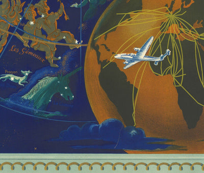 Old Air France Celestial & Zodiac World Map, 1959 by Bucher - Historical Airplane Route Chart, Constellations