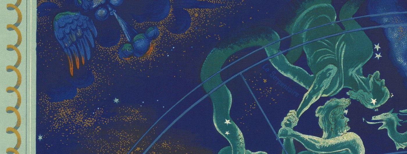 Old Air France Celestial & Zodiac World Map, 1959 by Bucher - Historical Airplane Route Chart, Constellations