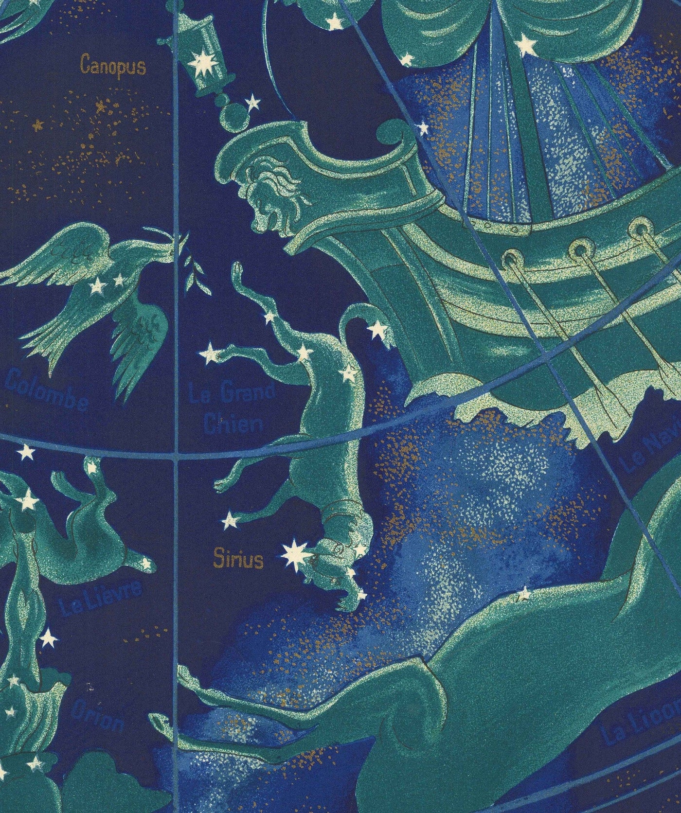 Old Air France Celestial & Zodiac World Map, 1959 by Bucher - Historical Airplane Route Chart, Constellations