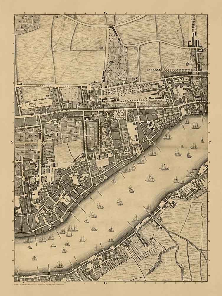 Carte ancienne de par John Rocque Londres, 1746, G2 - Wapping, Shadwell, Rotherhithe, Tamise, Tower Hamlets, E1W, Southwark