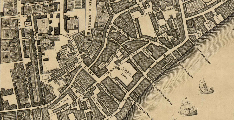 Carte ancienne de par John Rocque Londres, 1746, G2 - Wapping, Shadwell, Rotherhithe, Tamise, Tower Hamlets, E1W, Southwark