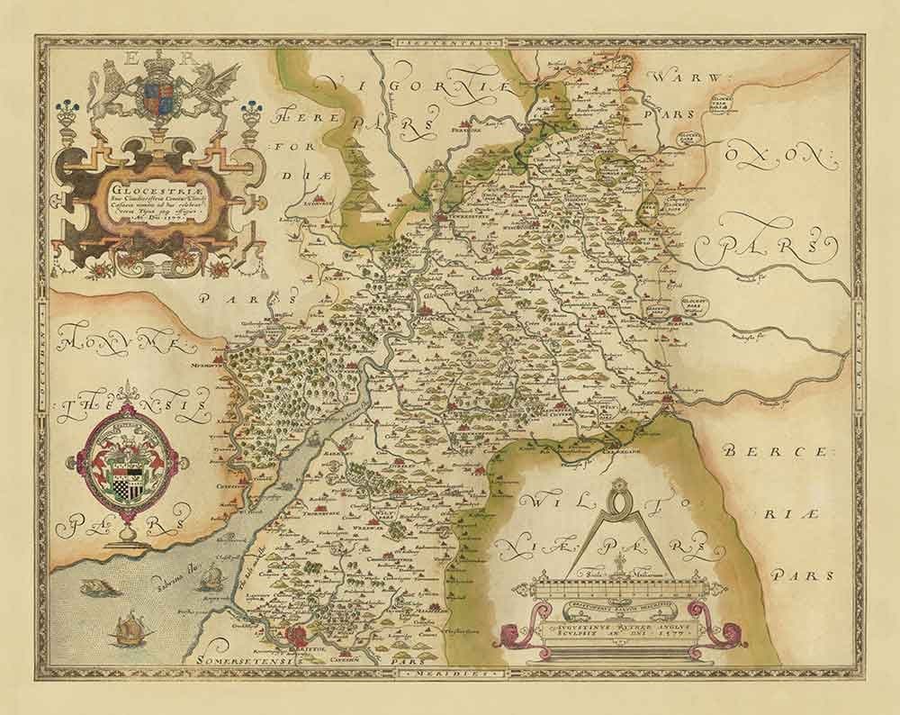 Raro mapa antiguo de Gloucestershire, 1575 por Saxton - Bristol, Cheltenham, Cotswolds, Tewkesbury, Cirencester, Stroud