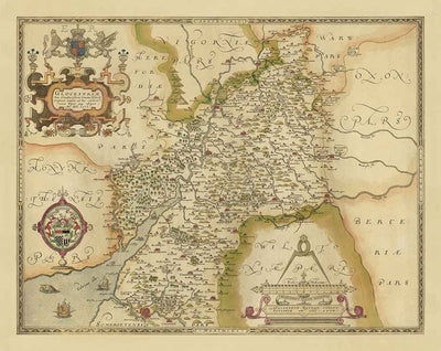 Raro mapa antiguo de Gloucestershire, 1575 por Saxton - Bristol, Cheltenham, Cotswolds, Tewkesbury, Cirencester, Stroud