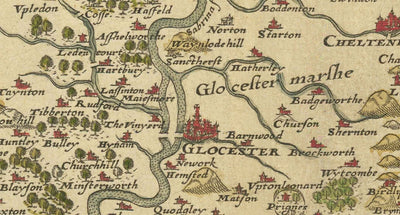 Raro mapa antiguo de Gloucestershire, 1575 por Saxton - Bristol, Cheltenham, Cotswolds, Tewkesbury, Cirencester, Stroud