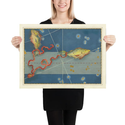 Old Star Map of Pisces, 1603 by Johann Bayer - Zodiac Astrology Chart - The Fish Horoscope Sign