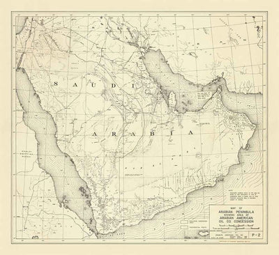 Alte Aramco-Karte, 1953 - Erste Karte der Arabischen Amerikanischen Ölgesellschaft - Saudi-Arabien, Pipelines, Förderung, Dubai, Riad 