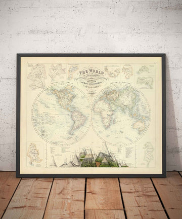 Old World Map, 1872 by Fullarton - Victorian Double Hemisphere Projection Atlas, Rivers, Mountains (No Everest!)