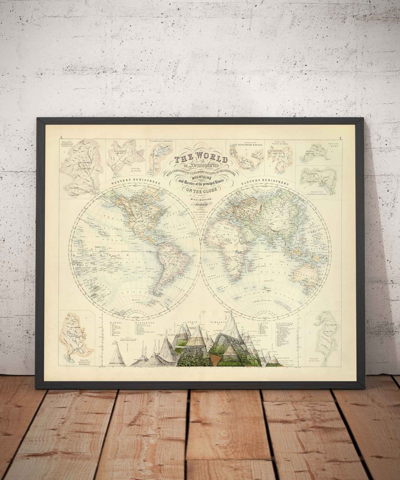 Old World Map, 1872 by Fullarton - Victorian Double Hemisphere Projection Atlas, Rivers, Mountains (No Everest!)