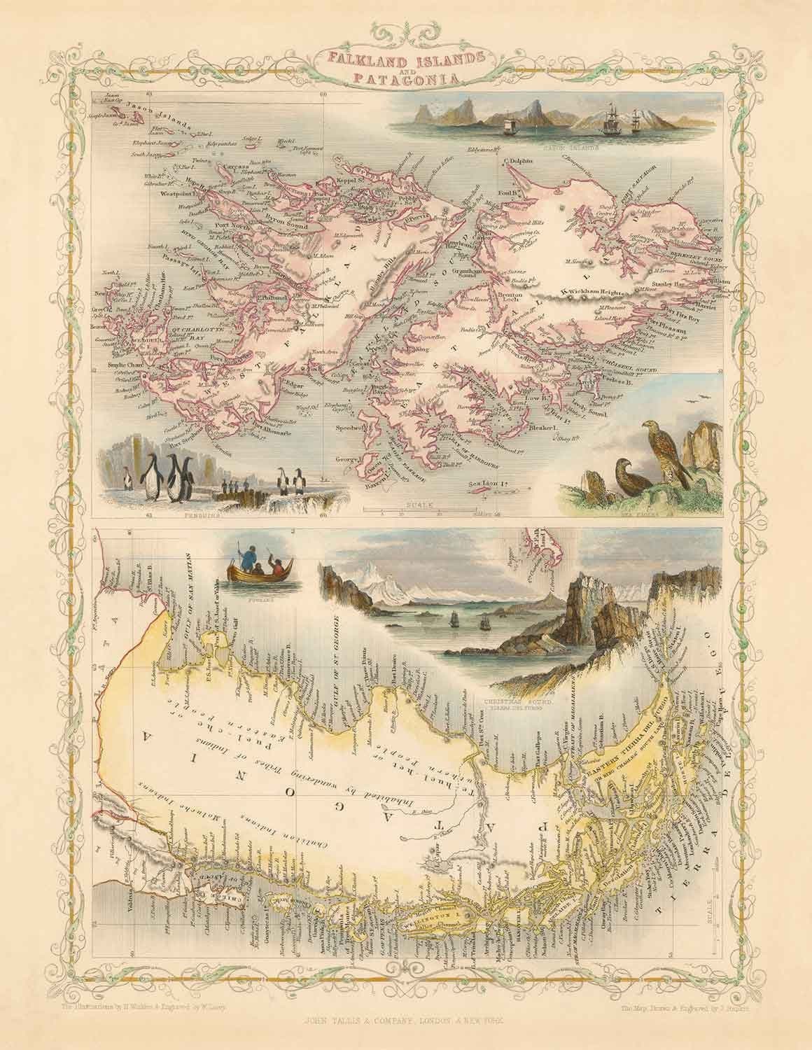 Alte Karte der Falklandinseln & Patagonien, 1851 - Südamerika, Kap Hoorn, Malvinas, Feuerland, Britisches Empire 