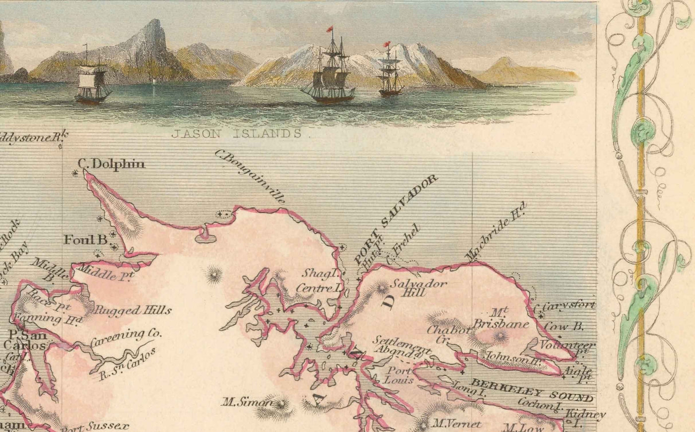 Alte Karte der Falklandinseln & Patagonien, 1851 - Südamerika, Kap Hoorn, Malvinas, Feuerland, Britisches Empire 