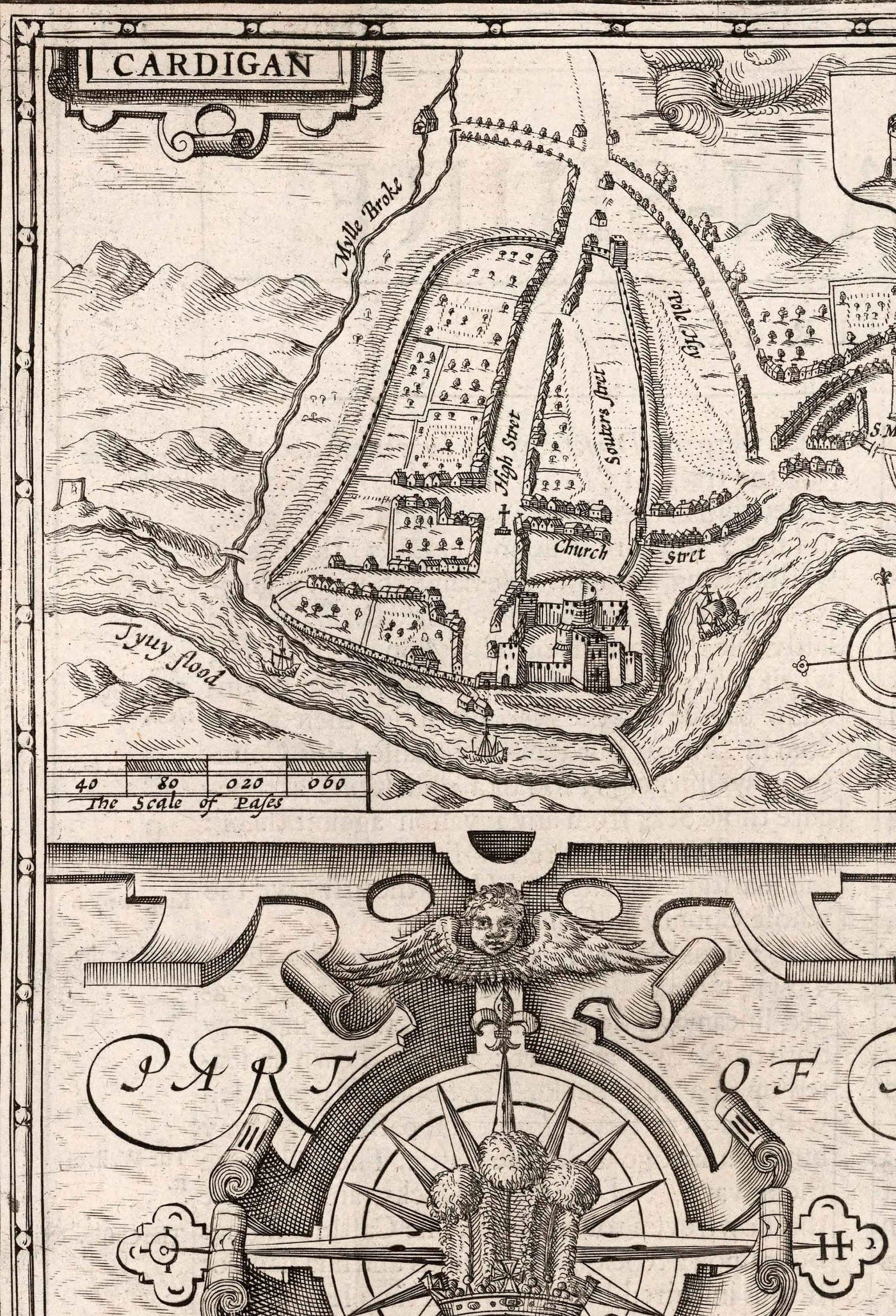 Old Monochrome Map of Ceredigion, Wales, 1611 by John Speed - Aberystwyth, Cardigan, Aberporth, Aberarth