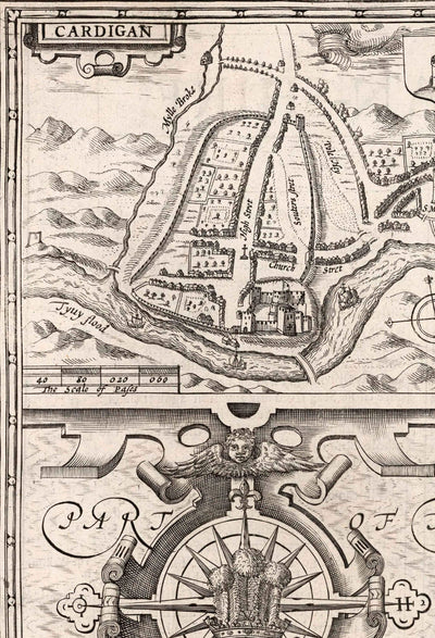 Old Monochrome Map of Ceredigion, Wales, 1611 by John Speed - Aberystwyth, Cardigan, Aberporth, Aberarth