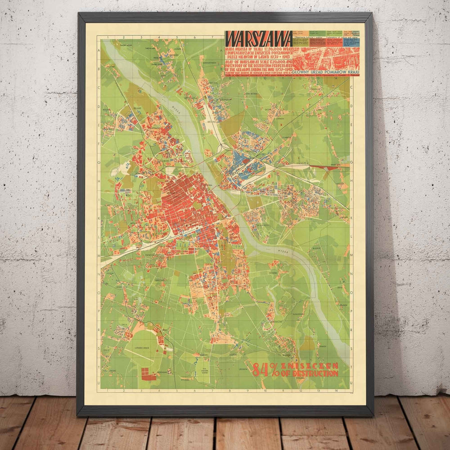 Old Map of the Nazi Destruction of Warsaw, 1949 - Censored Soviet WW2 Chart - Old Town, Ghetto, Muranow, Praga
