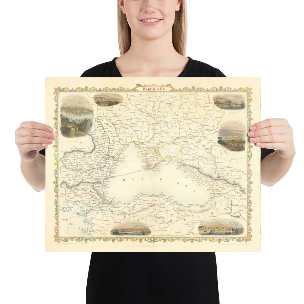 Old Map of the Black Sea, 1854 - Crimean War, Russia, Ukraine, Europe, Ottoman Empire, Turkey, Balkans, Greece