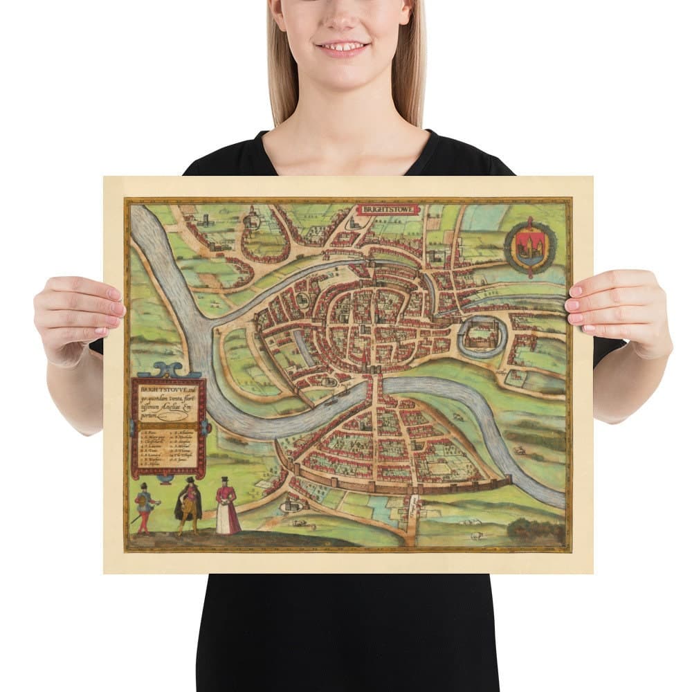 Old Map of Bristol, 1588 by Braun - Brightstowe, Avon, St Nicholas, Newgate, Coat of Arms