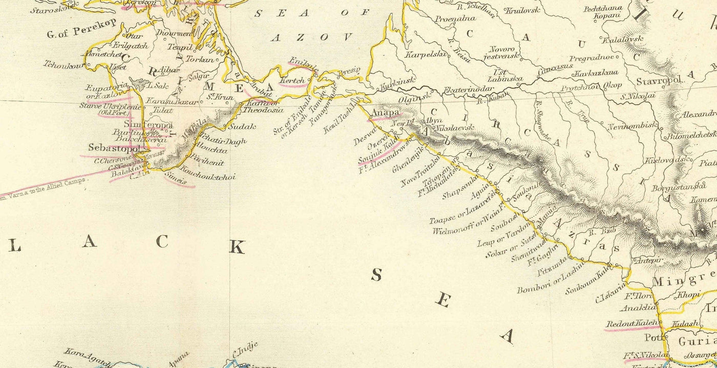 Old Map of the Black Sea, 1854 - Crimean War, Russia, Ukraine, Europe, Ottoman Empire, Turkey, Balkans, Greece