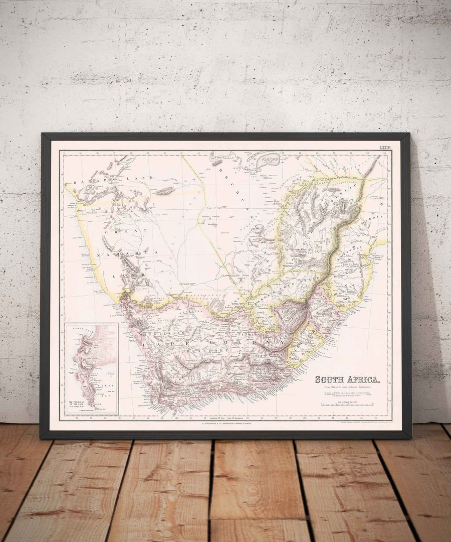Vecchia mappa del Sudafrica, 1860 - Colonia britannica e olandese del Capo - Durban, Pretoria, Città del Capo, Botswana, Namibia 