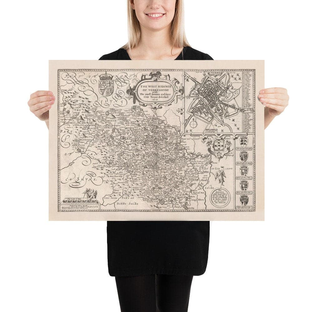 Alte monochrome Karte von West Yorkshire, 1611 von John Speed - York, Bradford, Sheffield, Leeds, Huddersfield, Harrogate, Skipton 