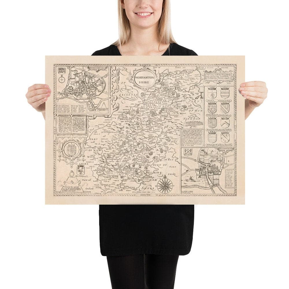 Old monochrome Carte of Northamptonshire, 1611 par John Speed ​​- Northampton, Kettering, Peterborough, Corby, Stamford, Brackley