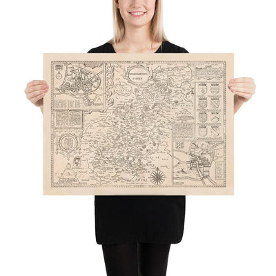 Old monochrome Carte of Northamptonshire, 1611 par John Speed ​​- Northampton, Kettering, Peterborough, Corby, Stamford, Brackley