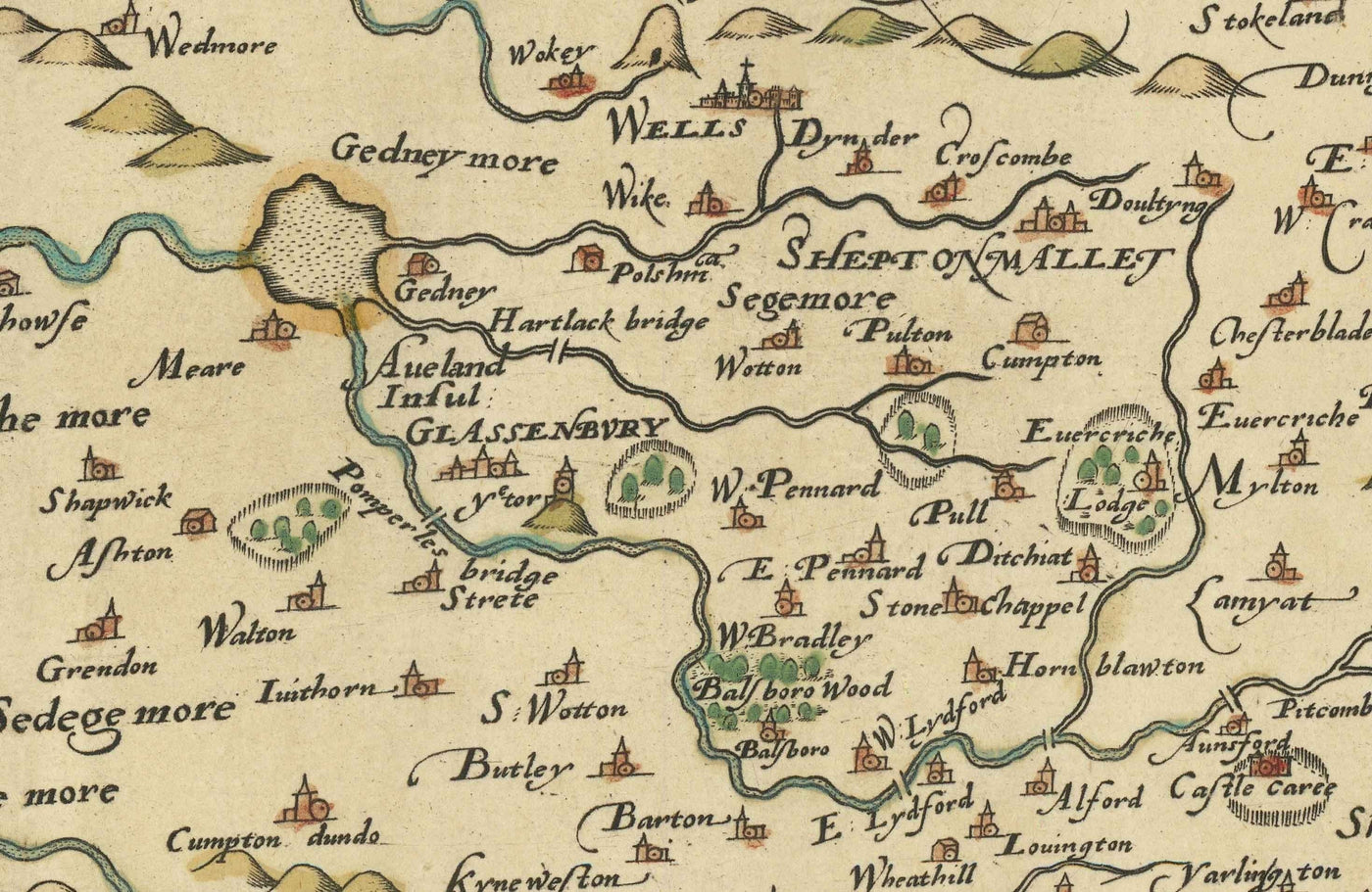 Rare Old Map of Somerset, 1575 by Saxton - Bath, Bristol, West Country, Mendips, Weston-super-Mare