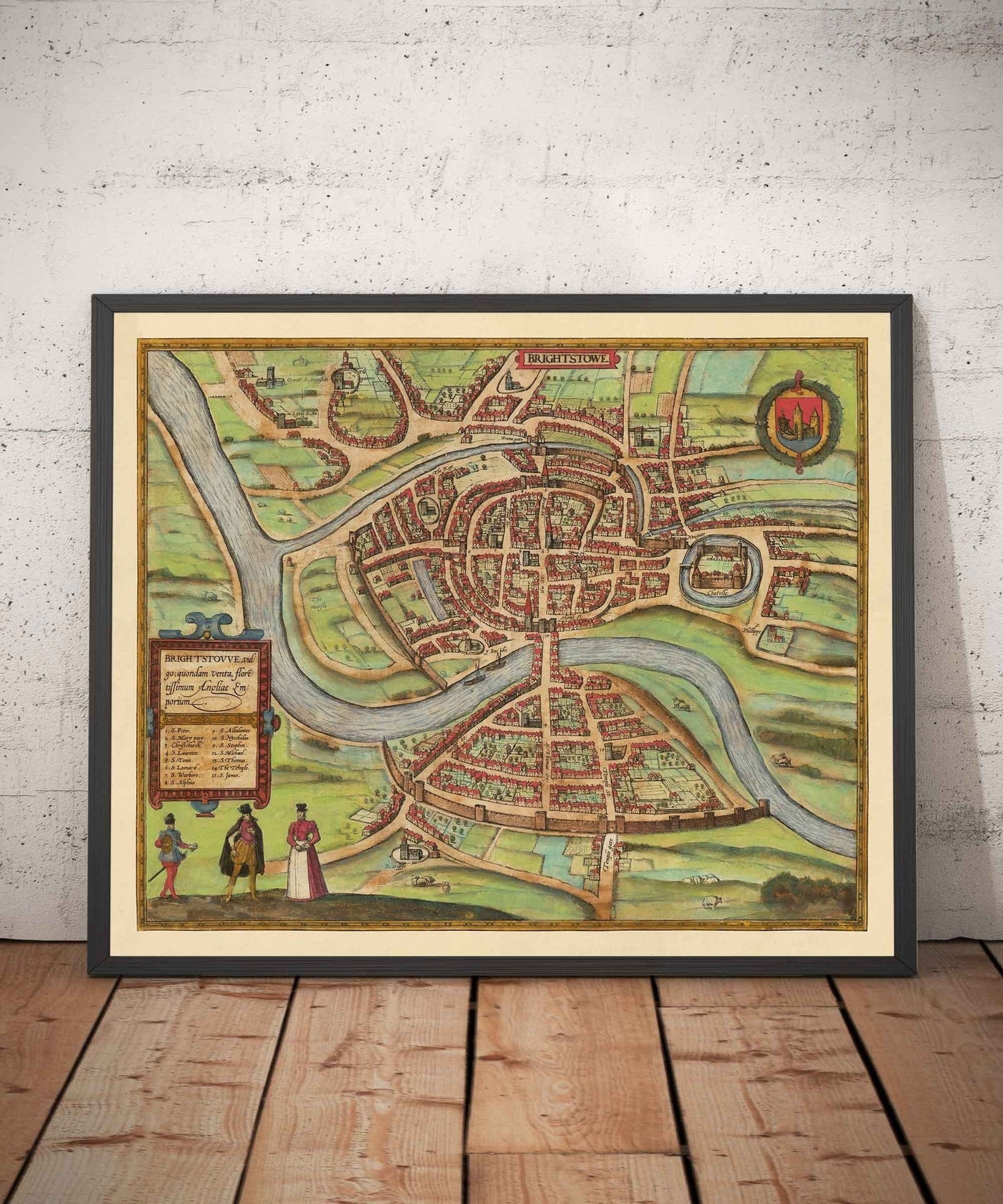Old Map of Bristol, 1588 by Braun - Brightstowe, Avon, St Nicholas, Newgate, Coat of Arms