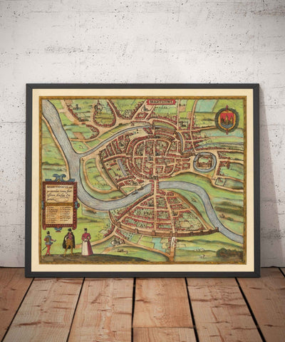 Old Map of Bristol, 1588 by Braun - Brightstowe, Avon, St Nicholas, Newgate, Coat of Arms