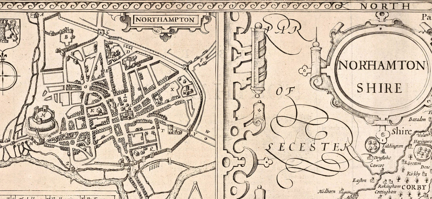 Old monochrome Carte of Northamptonshire, 1611 par John Speed ​​- Northampton, Kettering, Peterborough, Corby, Stamford, Brackley
