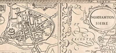 Old monochrome Carte of Northamptonshire, 1611 par John Speed ​​- Northampton, Kettering, Peterborough, Corby, Stamford, Brackley