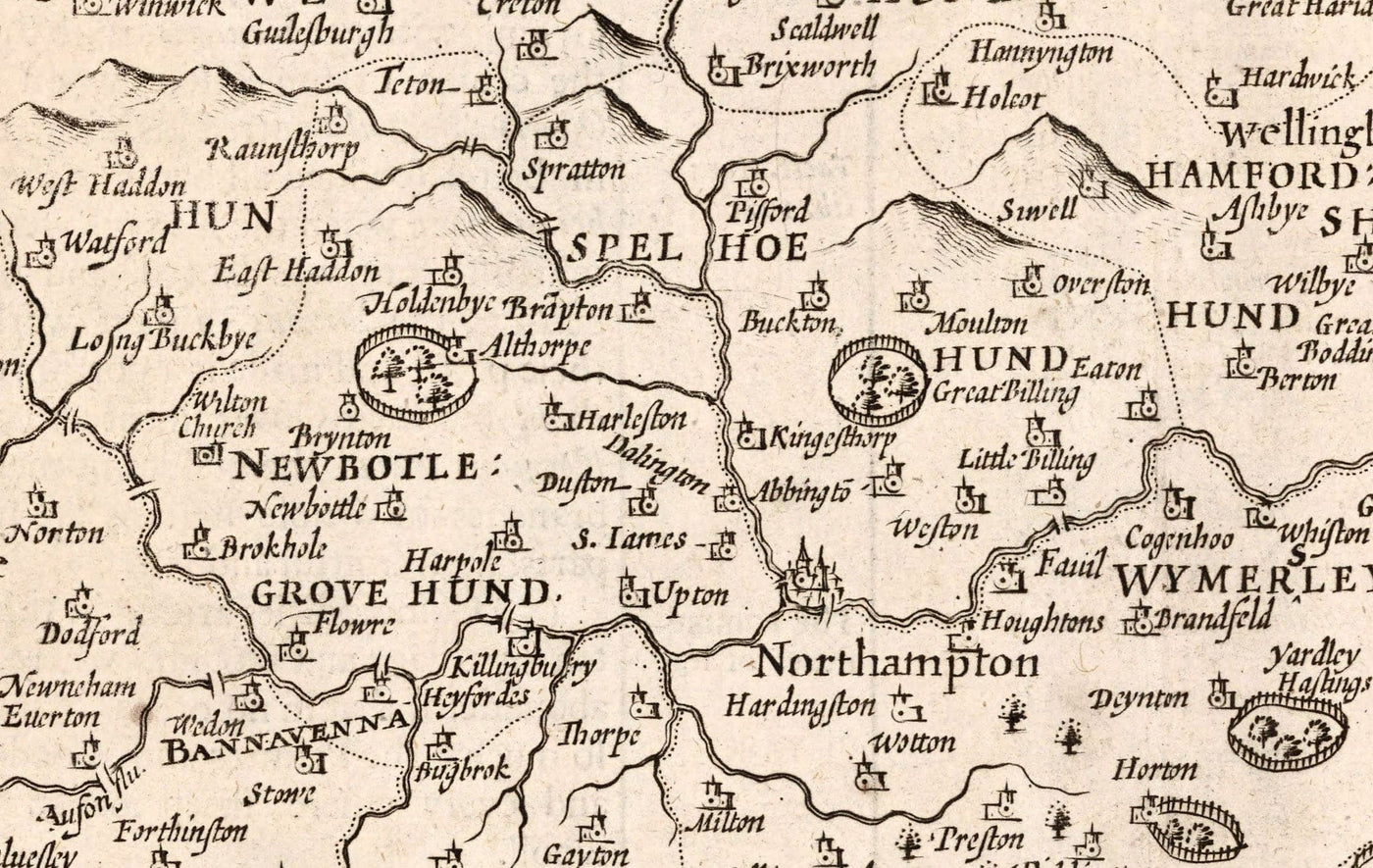 Old monochrome Carte of Northamptonshire, 1611 par John Speed ​​- Northampton, Kettering, Peterborough, Corby, Stamford, Brackley
