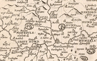 Old monochrome Carte of Northamptonshire, 1611 par John Speed ​​- Northampton, Kettering, Peterborough, Corby, Stamford, Brackley