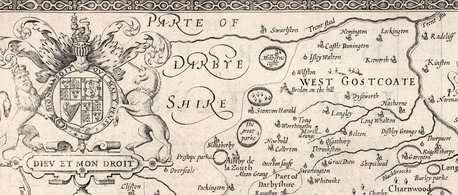 Old monochrome Carte of Leicestershire, 1611 par John Speed ​​- Leicester, Loughborough, Hinckley, Wigston, Melton Mowbray