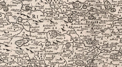 Alte monochrome Karte von West Yorkshire, 1611 von John Speed - York, Bradford, Sheffield, Leeds, Huddersfield, Harrogate, Skipton 