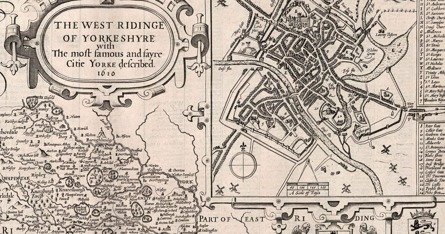 Old Monochrome Map of West Yorkshire, 1611 par John Speed ​​- York, Bradford, Sheffield, Leeds, Huddersfield, Harrogate, Skipton