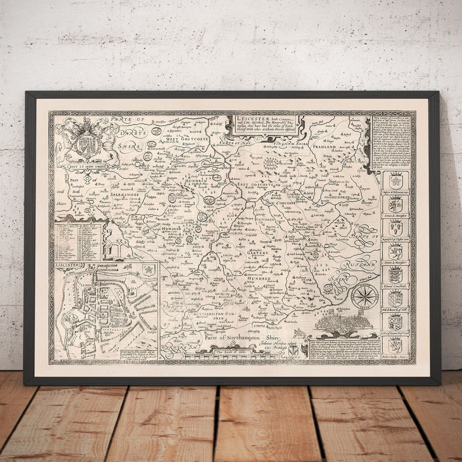 Old monochrome Carte of Leicestershire, 1611 par John Speed ​​- Leicester, Loughborough, Hinckley, Wigston, Melton Mowbray