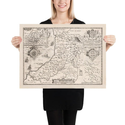Old Monochrome Map of Ceredigion, Wales, 1611 by John Speed - Aberystwyth, Cardigan, Aberporth, Aberarth