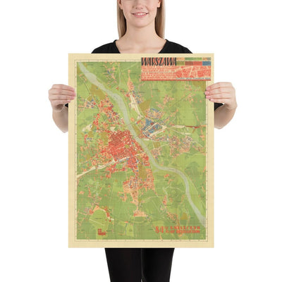 Old Map of the Nazi Destruction of Warsaw, 1949 - Censored Soviet WW2 Chart - Old Town, Ghetto, Muranow, Praga