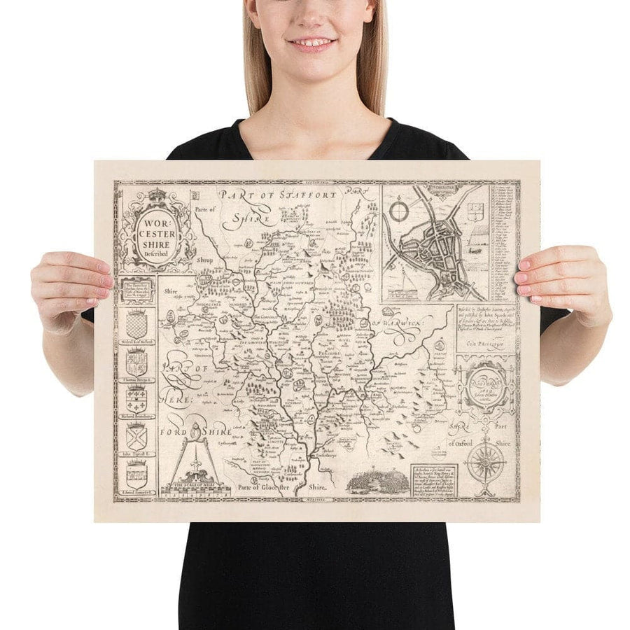 Old monochrome Carte of Worcestershire, 1611 par John Speed ​​- Worcester, Bromsgrove, Kidderminster, Malvern, Droitwich