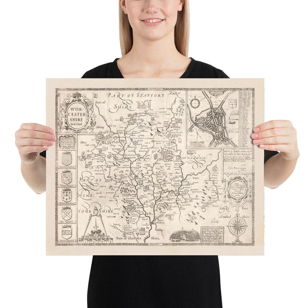 Antiguo mapa monocromo de Worcestershire, 1611 por John Speed - Worcester, Bromsgrove, Kidderminster, Malvern, Droitwich