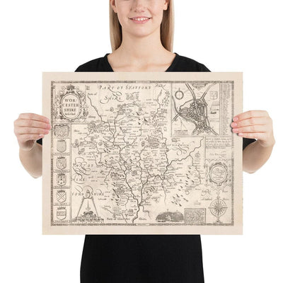 Antiguo mapa monocromo de Worcestershire, 1611 por John Speed - Worcester, Bromsgrove, Kidderminster, Malvern, Droitwich