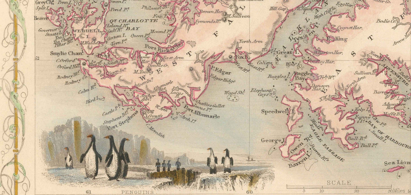 Alte Karte der Falklandinseln & Patagonien, 1851 - Südamerika, Kap Hoorn, Malvinas, Feuerland, Britisches Empire 