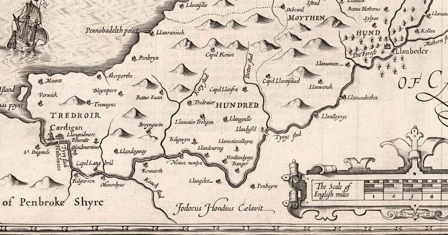 Old monochrome Carte of Ceredigion, Wales, 1611 par John Speed ​​- Aberystwyth, Cardigan, Aberporth, Aberarth