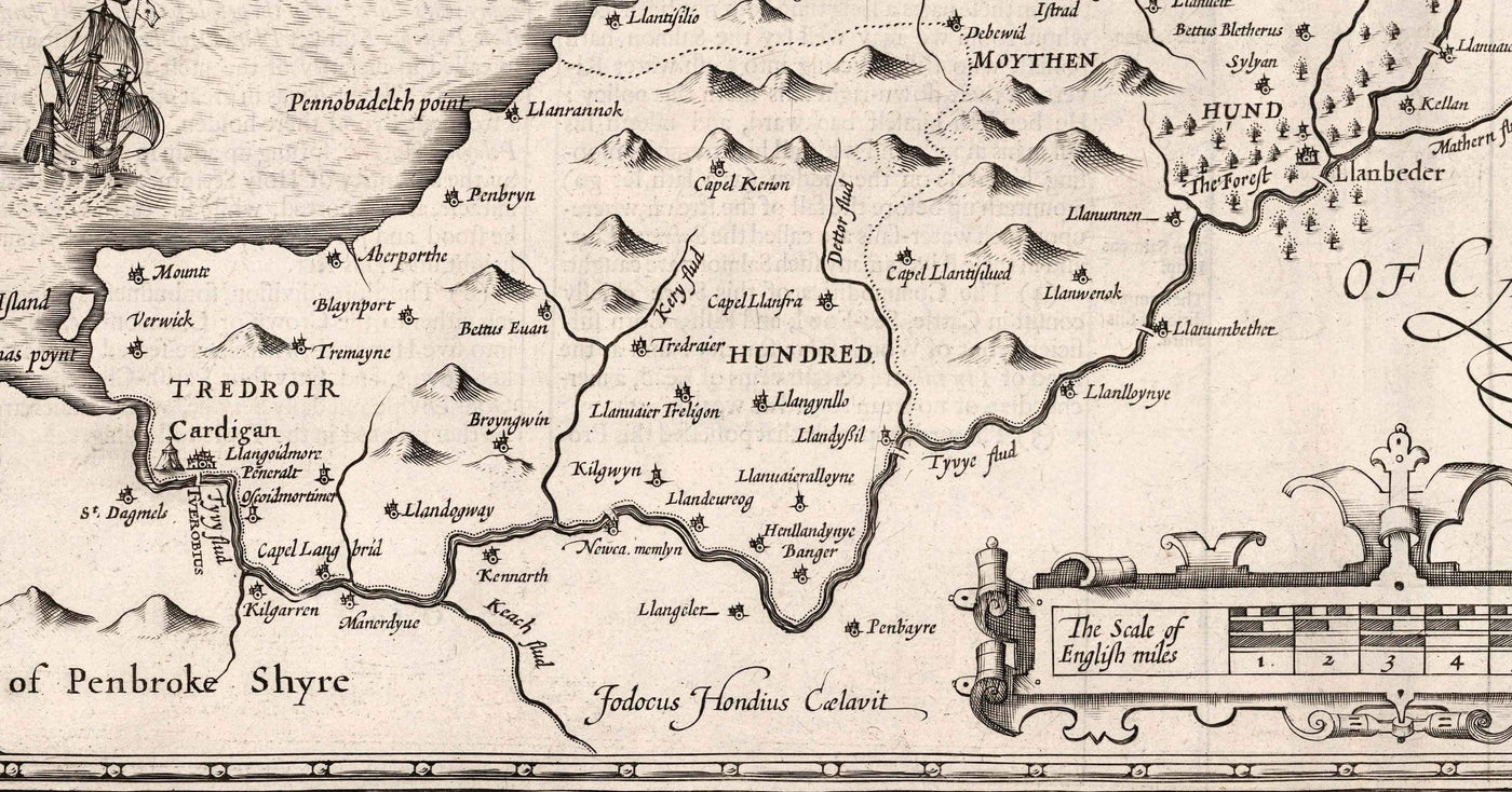 Old Monochrome Map of Ceredigion, Wales, 1611 by John Speed - Aberystwyth, Cardigan, Aberporth, Aberarth