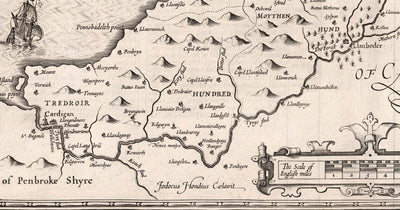 Old Monochrome Map of Ceredigion, Wales, 1611 by John Speed - Aberystwyth, Cardigan, Aberporth, Aberarth