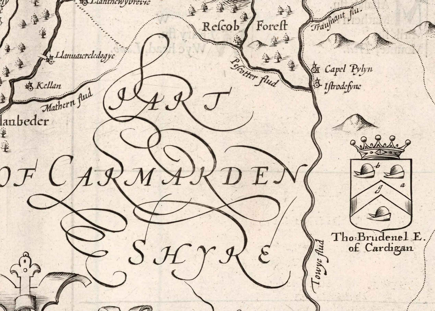 Old Monochrome Map of Ceredigion, Wales, 1611 by John Speed - Aberystwyth, Cardigan, Aberporth, Aberarth