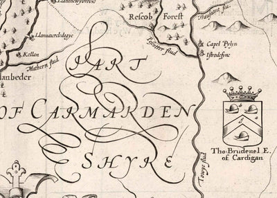 Old Monochrome Map of Ceredigion, Wales, 1611 by John Speed - Aberystwyth, Cardigan, Aberporth, Aberarth